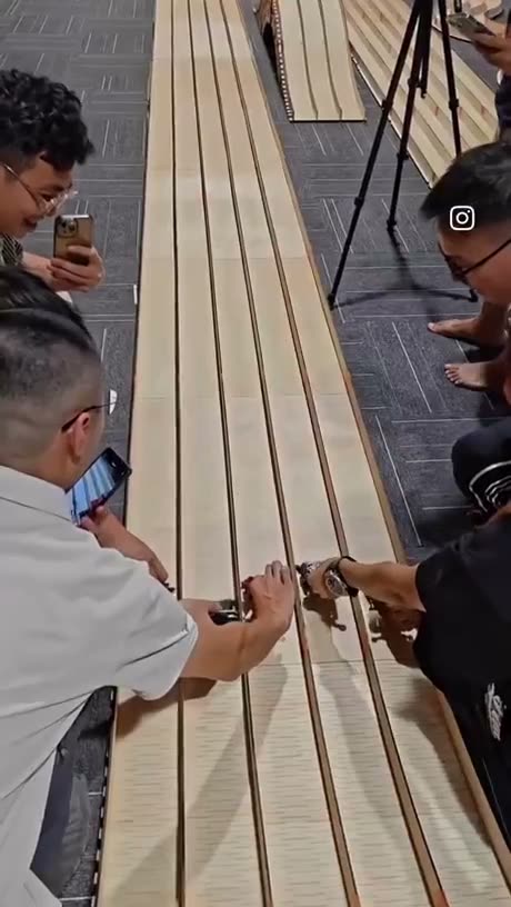 People examine a small lizard or reptile laid out on wooden slats…