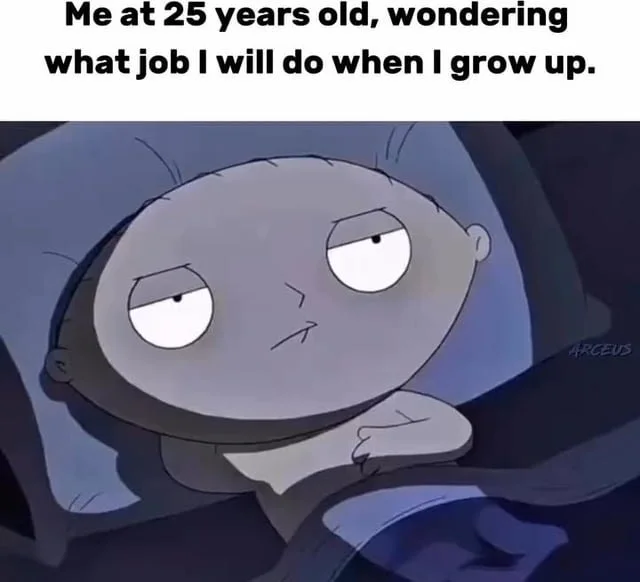 Still figuring out adulting. Cartoon character looking uncertain and confused, expressing anxiety about career decisions at age 25. Text: Me at 25 years old, wondering what job I will do when I grow up