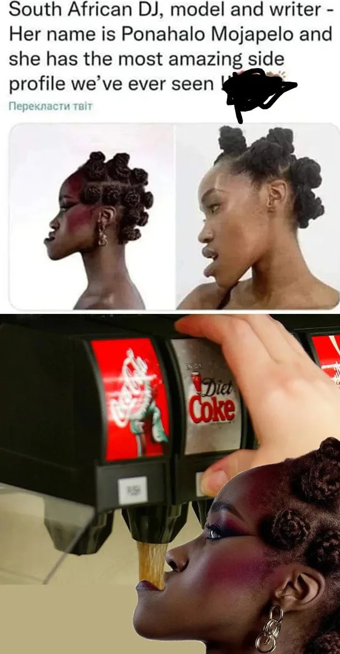 Meme comparing a woman's side profile to a Diet Coke bottle shape as a compliment. Text: South African DJ, model and writer - Her name is Ponahalo Mojapelo and she has the most amazing side profile we've ever seen / Перекласти твіт / Diet Coke