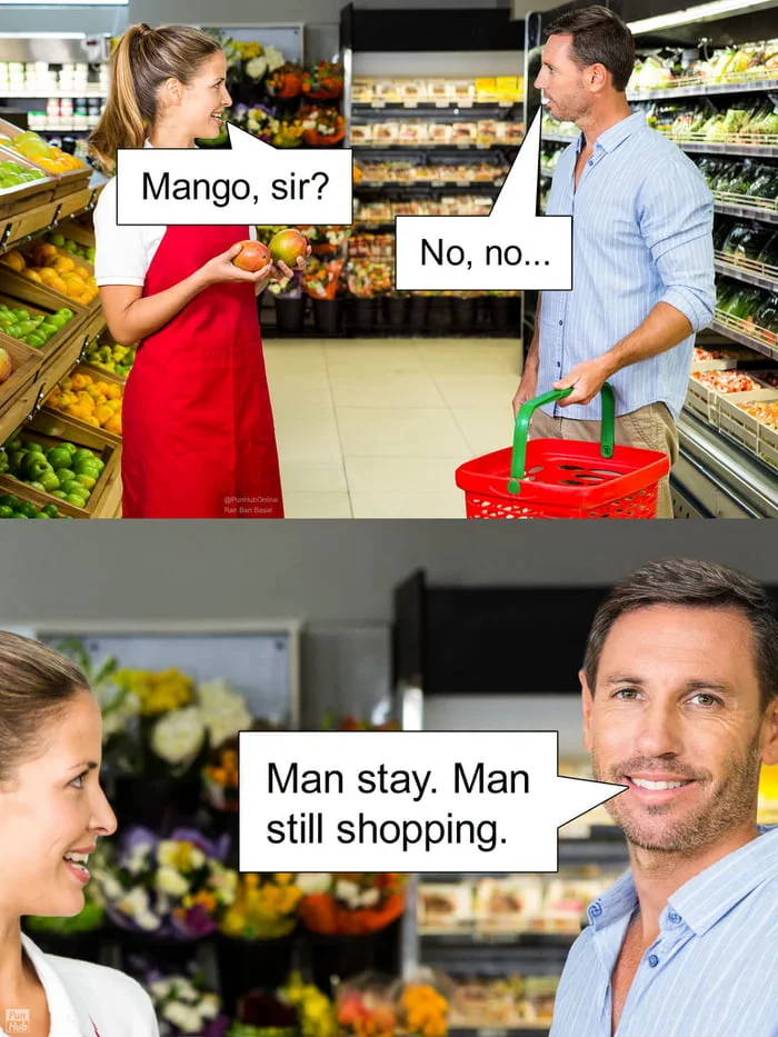 A grocery store worker offers a mango to a customer who declines, then realizes he's still shopping. Text: Mango, sir? / No, no... / Man stay. Man still shopping