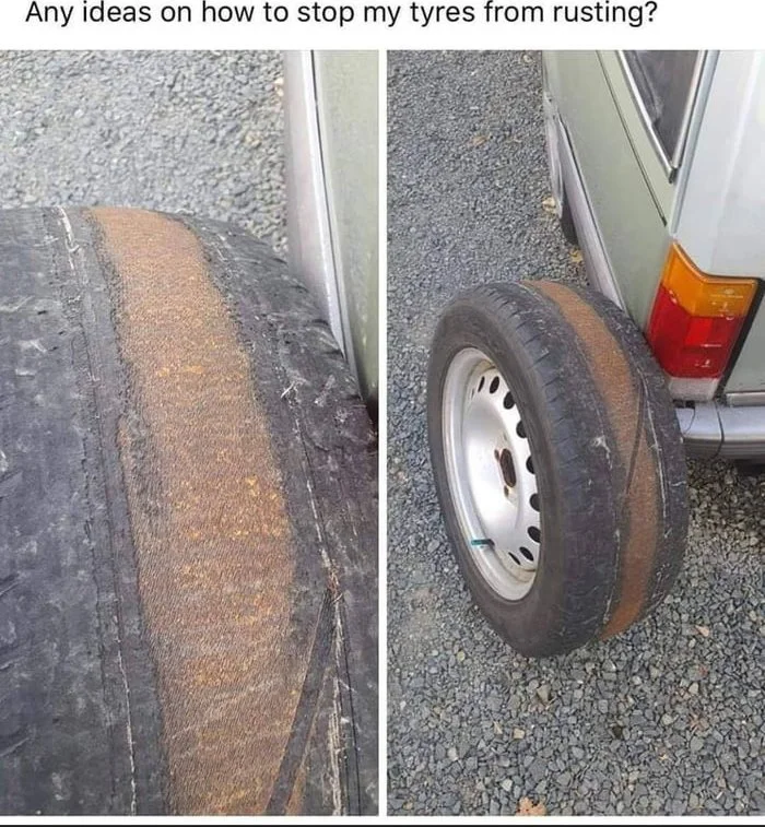 Heavily rusted car tires showing severe corrosion and rust damage on the sidewalls and surfaces. Text: Any ideas on how to stop my tyres from rusting?