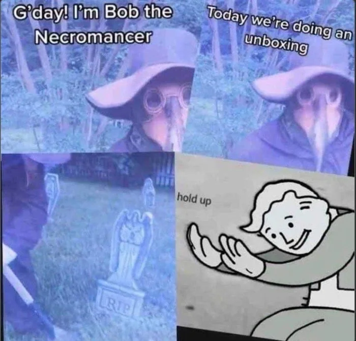 Necromancer unboxing goes horribly wrong. A necromancer introduces an unboxing video, then pauses upon discovering coffins in the package. Text: G'day! I'm Bob the Necromancer / Today we're doing an unboxing / hold up
