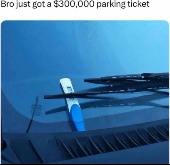 A parking ticket placed on a car windshield between windshield wipers. Text: Bro just got a $300,000 parking ticket