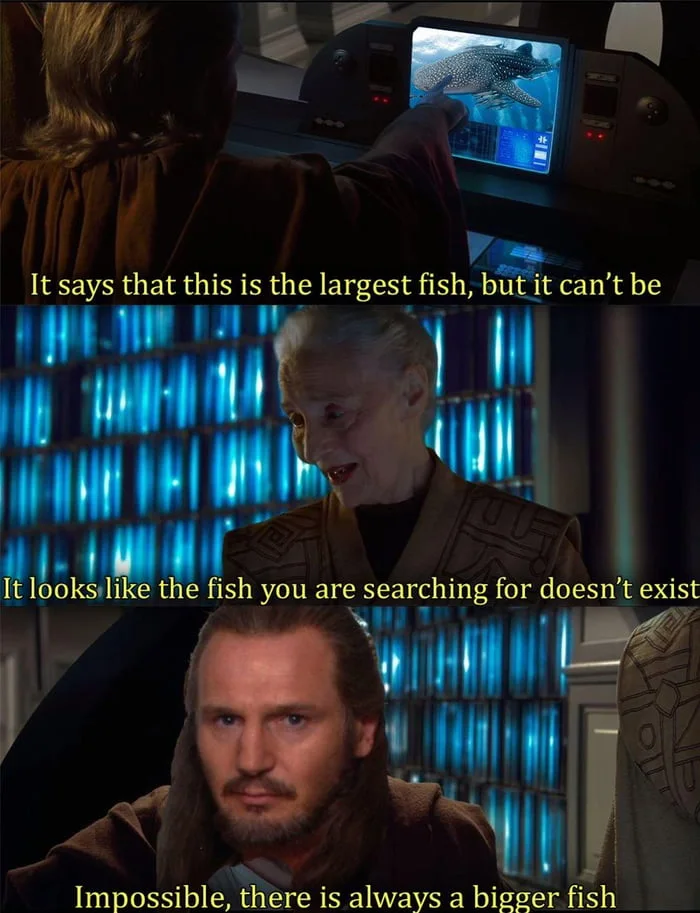 Three-panel meme from Star Wars showing characters discussing a mysterious large fish that may not exist. Text: It says that this is the largest fish, but it can't be / It looks like the fish you are searching for doesn't exist / Impossible, there is always a bigger fish