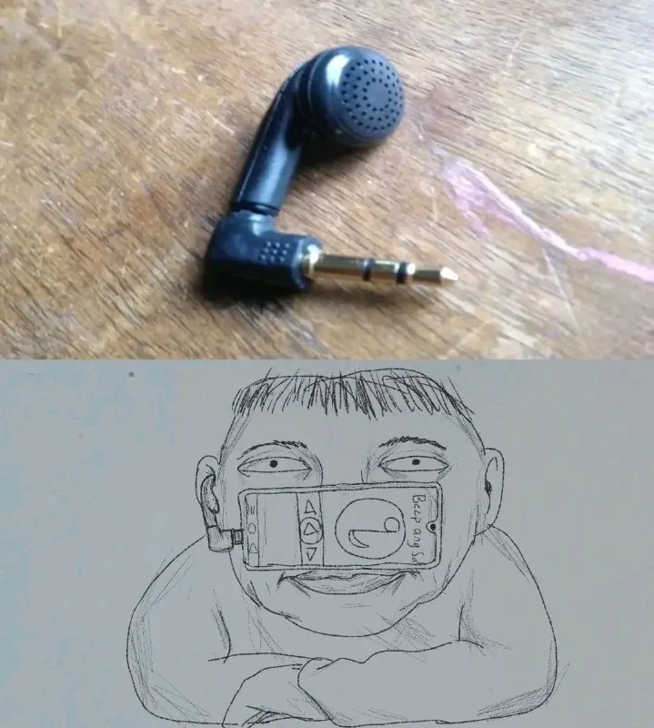Earbuds with 3.5mm jack paired with drawing of person holding phone to face as makeshift earpiece