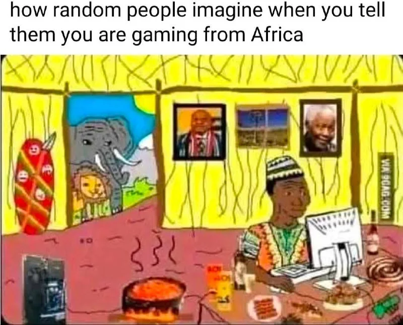 Cartoon scene depicting stereotypical African imagery with a person at a computer, poking fun at misconceptions. Text: how random people imagine when you tell them you are gaming from Africa