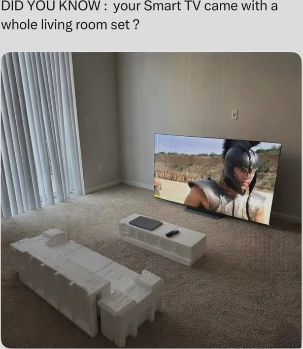 Empty living room with only a TV and styrofoam packaging arranged as furniture. Text: DID YOU KNOW : your Smart TV came with a whole living room set ?