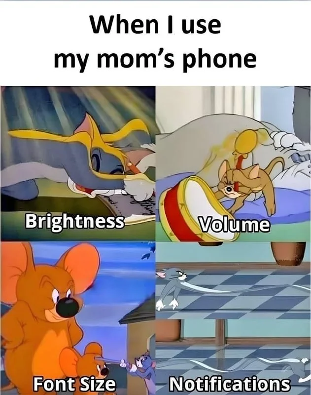 Meme showing a child frantically adjusting phone settings like brightness, volume, font size, and notifications. Text: When I use my mom's phone / Brightness / Volume / Font Size / Notifications