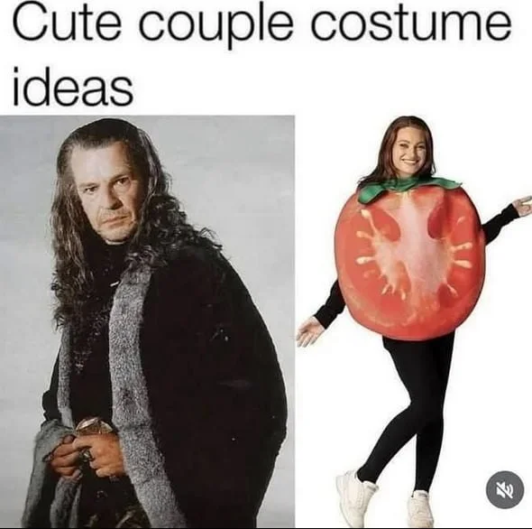 The perfect costumes don't exist. A man in dark clothing paired with a woman in a tomato costume as a humorous couple costume idea. Text: Cute couple costume ideas