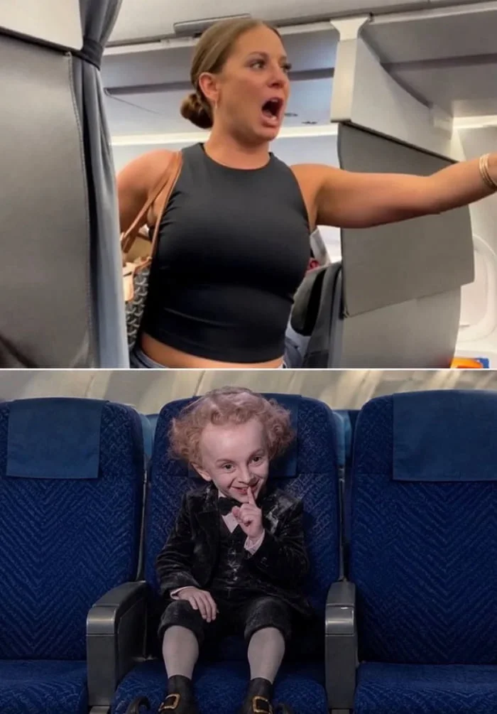 That mf ain’t real!. Woman gesturing animatedly on airplane above; young child sitting calmly in seat below