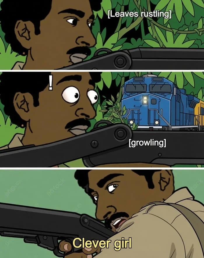 A three-panel meme showing a man in bushes reacting with shock to a growling sound, referencing the famous Jurassic Park scene. Text: [Leaves rustling] / ! / [growling] / Clever girl