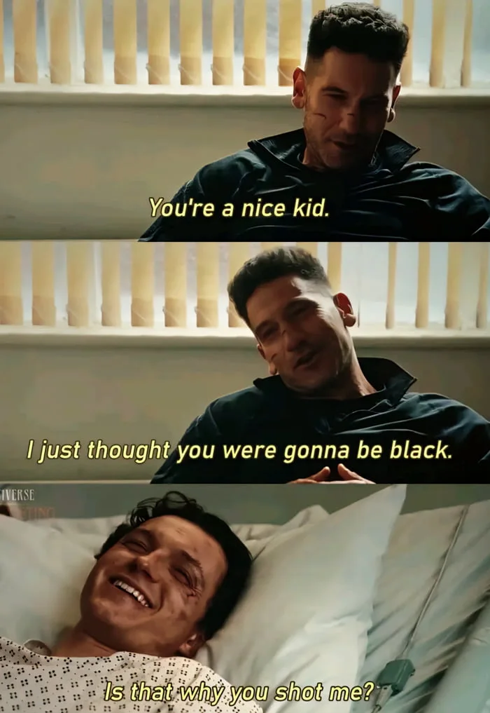 Three-panel meme showing a conversation between two characters about unexpected racial assumptions and violence. Text: You're a nice kid. / I just thought you were gonna be black. / Is that why you shot me?