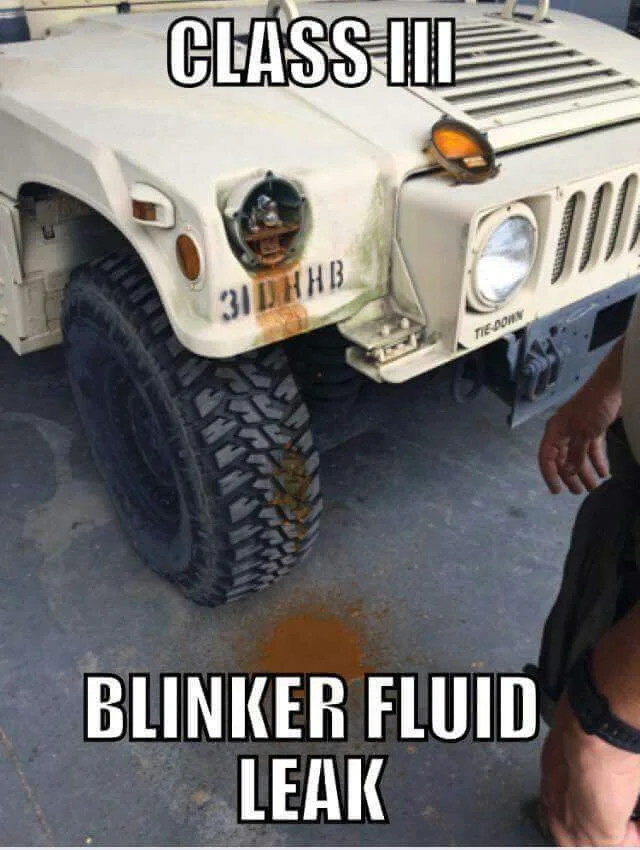 Jeep with broken headlight and blinker fluid leaking, humorously labeled as a Class III leak. Text: CLASS III / 3IURHB / TIRE DOWN / CLASS III BLINKER FLUID LEAK