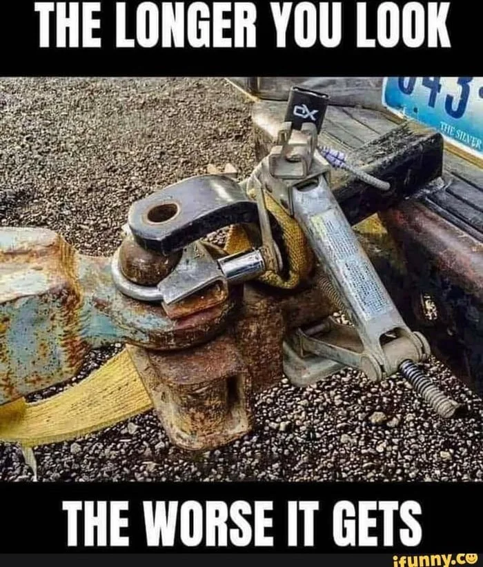 A corroded and rusted hammer with a nail gun attached, demonstrating progressive deterioration. Text: THE LONGER YOU LOOK / THE WORSE IT GETS