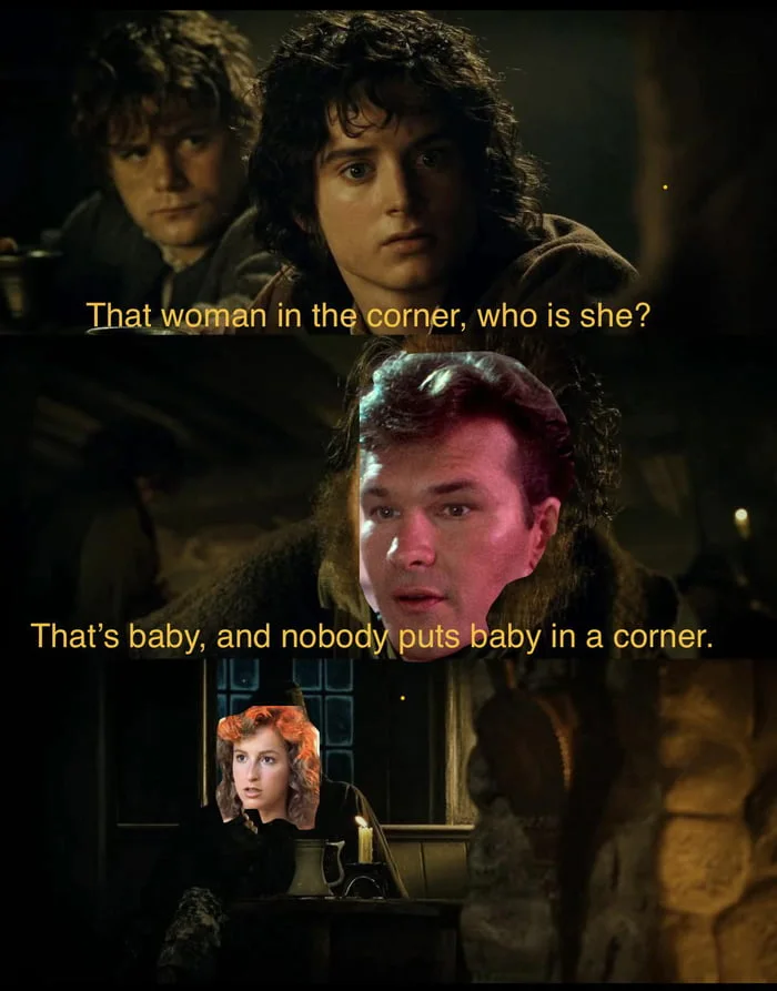 Lord of the Rings meets Dirty Dancing. A meme referencing the famous Dirty Dancing quote with overlaid character faces from Lord of the Rings. Text: That woman in the corner, who is she? / That's baby, and nobody puts baby in a corner