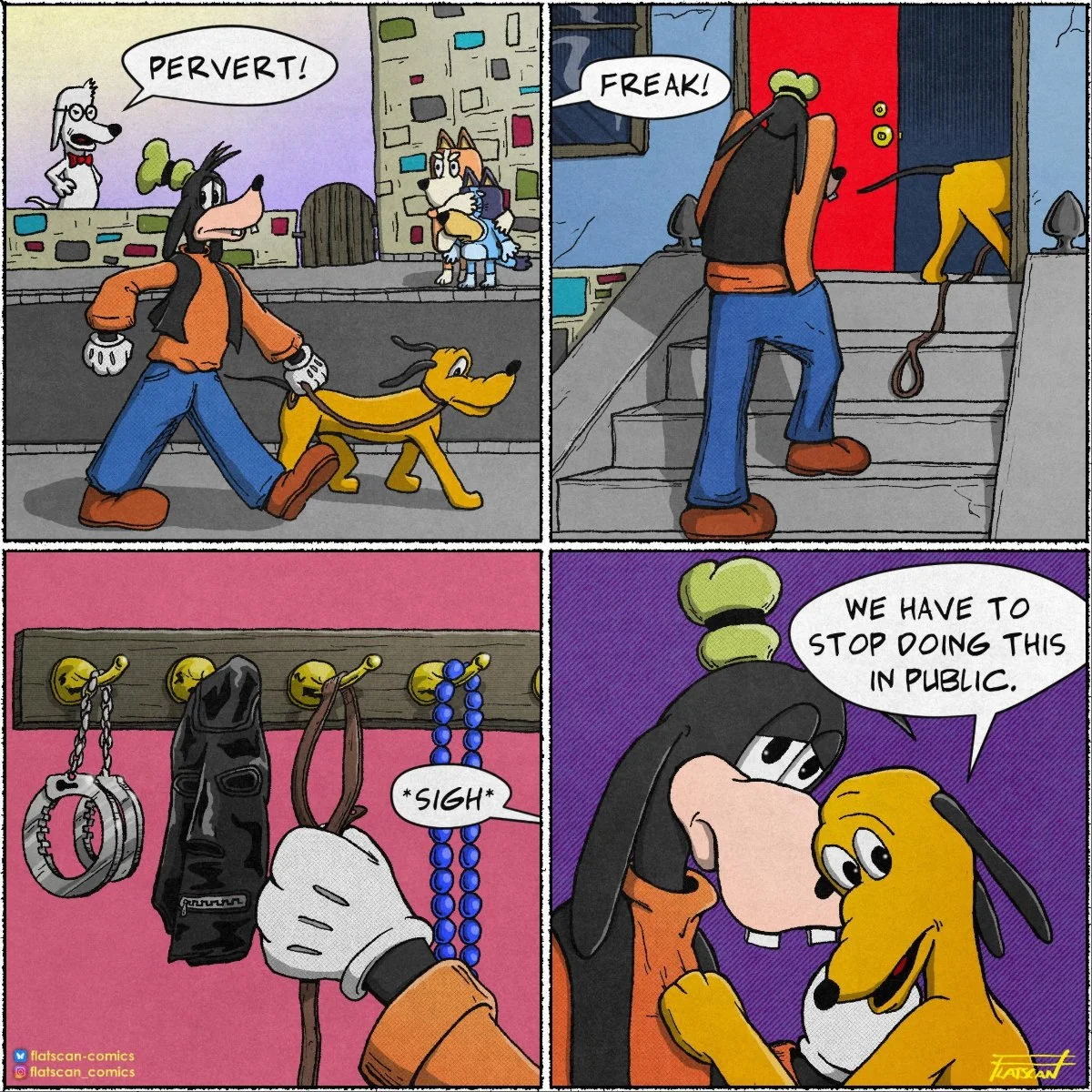 Goofy and Pluto engage in suggestive behavior in public while being called out, then privately acknowledge they need to stop. Text: PERVERT! / FREAK! / *SIGH* / WE HAVE TO STOP DOING THIS IN PUBLIC