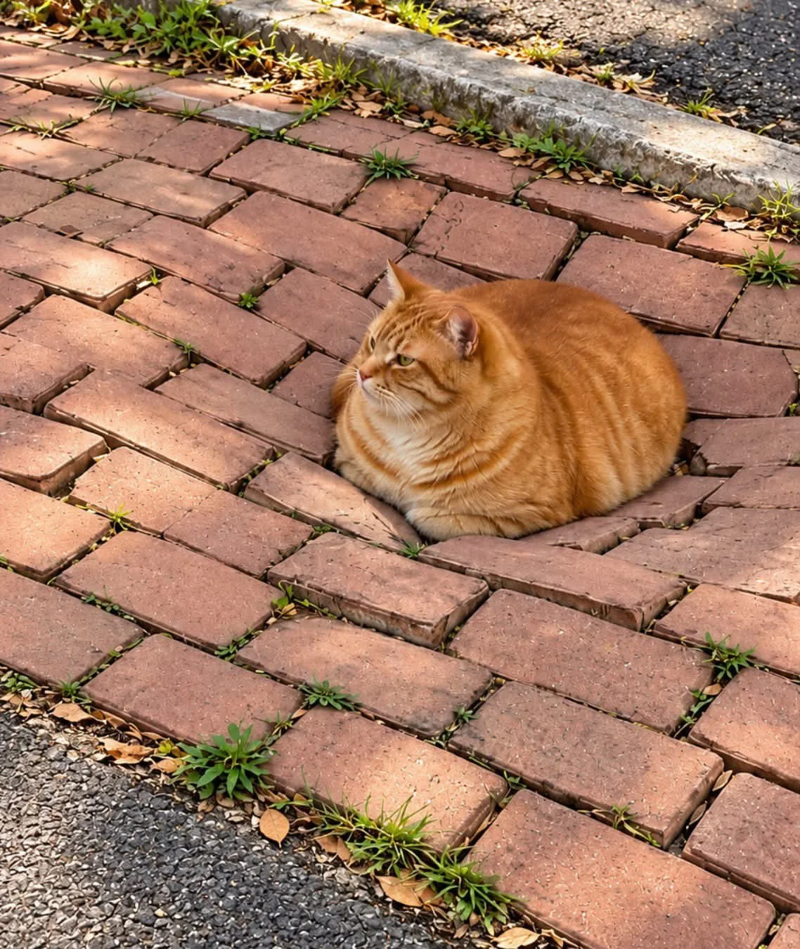 An orange tabby cat sitting on a brick pathway surrounded by weeds and grass