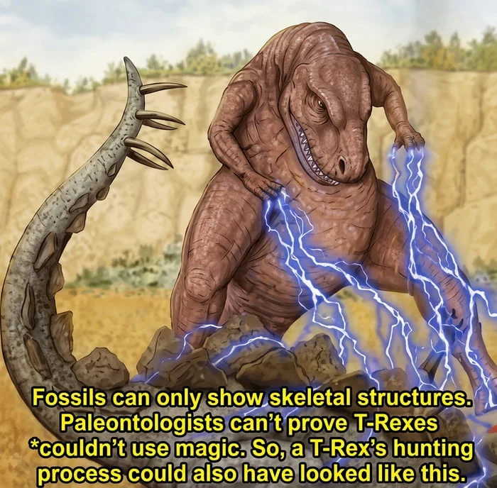 Illustration of a T-Rex shooting blue lightning bolts from its hands while hunting a spiky dinosaur. Text: Fossils can only show skeletal structures. Paleontologists can't prove T-Rexes *couldn't use magic. So, a T-Rex's hunting process could also have looked like this