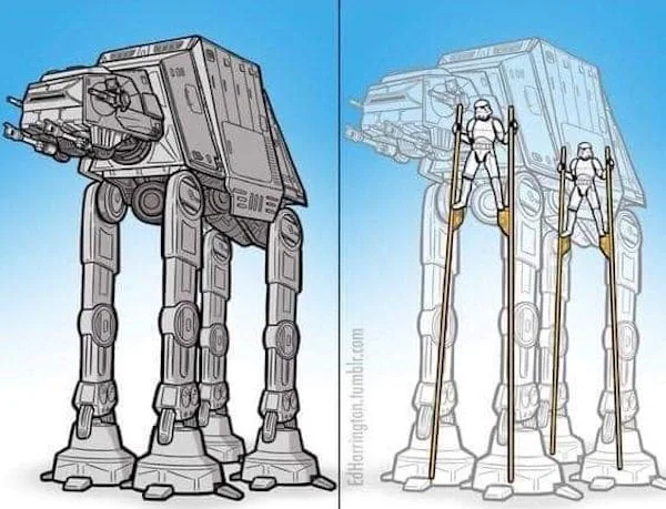 I knew it. Side-by-side comparison of AT-AT walkers from Star Wars with stormtroopers positioned differently. Text: memetime.tumblr.com