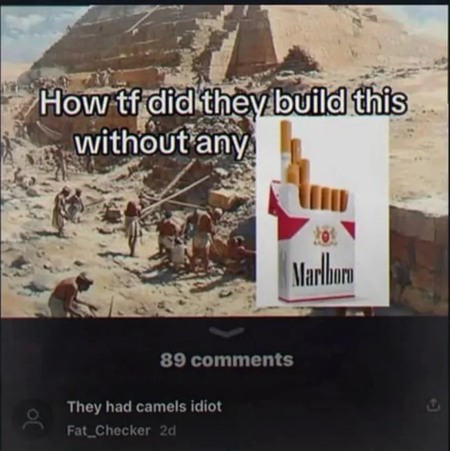 Ancient engineering secrets finally revealed. Meme joking about how ancient Egyptians built pyramids, implying they used cigarettes and camels for energy. Text: How tf did they build this without any / Marlboro / They had camels idiot / Fat_Checker 2d / 89 comments
