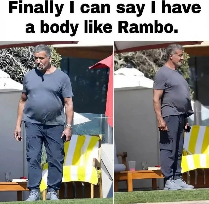 Rambo Body Achievement Unlocked. Before and after comparison showing a man's body transformation from overweight to fit. Text: Finally I can say I have a body like Rambo