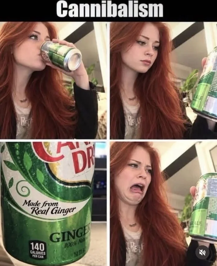 A four-panel meme showing a woman drinking ginger ale, discovering it contains real ginger, with a reaction of mock horror. Text: Cannibalism / Made from Real Ginger / GINGER / 140 CALORIES PER CAN