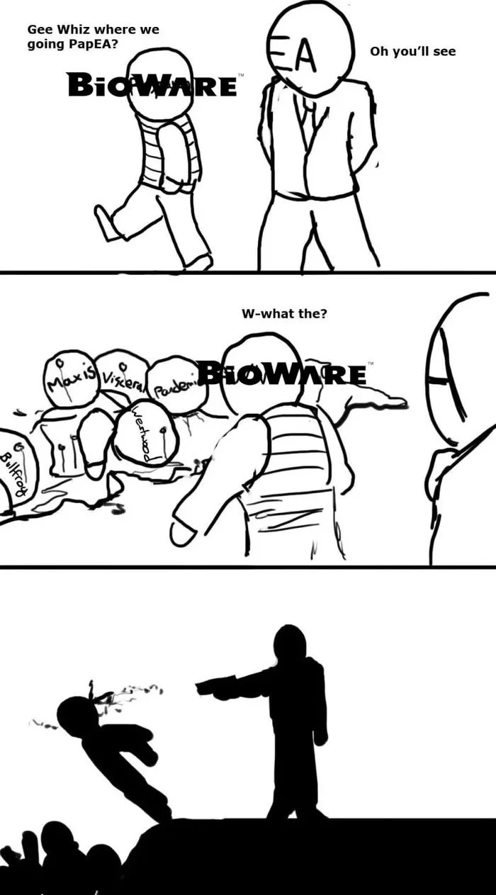 A three-panel meme showing BioWare character being led by EA, then discovering multiple acquired studios being crushed, ending in silhouette violence. Text: Gee Whiz where we going PapEA? / BioWARE / Oh you'll see / W-what the? / BioWARE / (various studio names visible on spheres: Mythic,…
