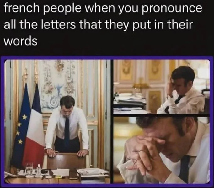 Meme showing a French official looking disappointed, then frustrated and covering face with hand. Text: french people when you pronounce all the letters that they put in their words