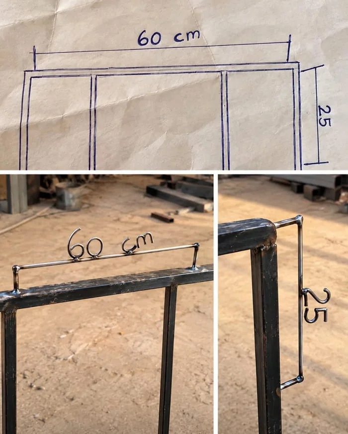 first day. Blueprint sketch and metal frame construction showing dimensions of 60 cm width and 25 cm height. Text: 60 cm / 25